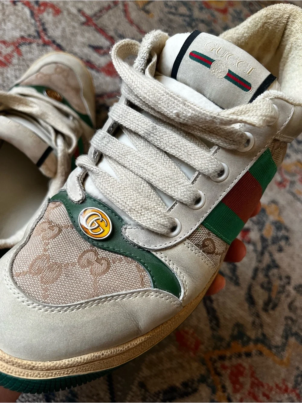 Gucci Cream and Green Leather Logo Sneakers Size 41 Sneakers GG Monogram